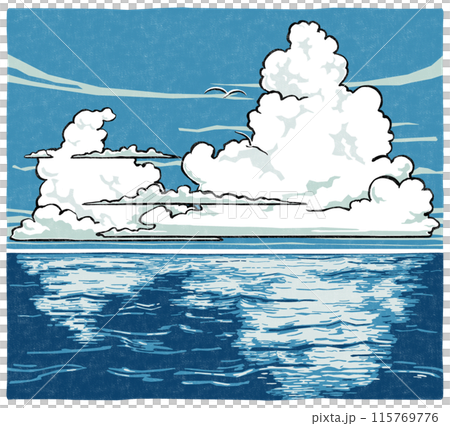 Large and small cumulonimbus clouds appearing in the summer sky over the ocean and two white seabirds flying in the distance - woodblock print style Large and small cumulonimbus clouds appearing in the summer sky over the ocean and two white seabirds flying in the distance - woodblock print style 115769776