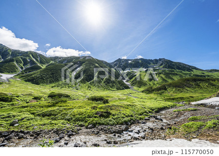 雷鳥沢キャンプ場から臨む称名川と立山連峰　富山県立山町 115770050