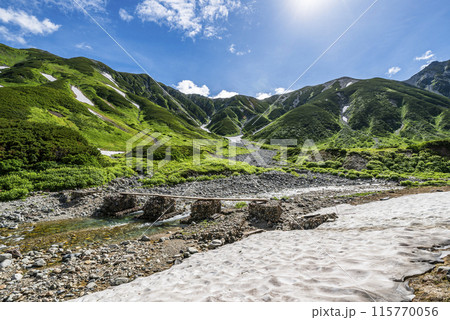 雷鳥沢キャンプ場から臨む浄土橋と立山連峰 富山県立山町 雷鳥沢キャンプ場から臨む浄土橋と立山連峰 富山県立山町 115770056