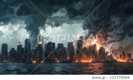 impact of global warming and climate change, big storm thunder and tornado twister destroying the big cities, future events describing the climate change impact for content creation, AI Generated 115770094