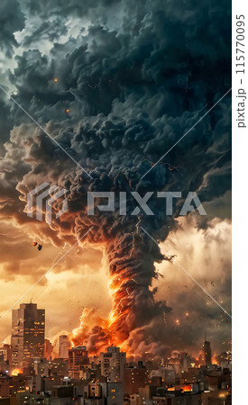 impact of global warming and climate change, big storm thunder and tornado twister destroying the big cities, future events describing the climate change impact for content creation, AI Generated 115770095