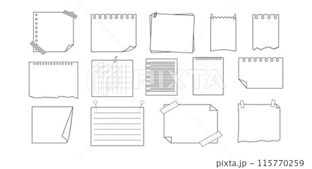 Memo sticky note reminder sheet paper. Doodle paper frame, check list with pin, tape, paperclip elements. Set cute notes, office or school messages. 115770259