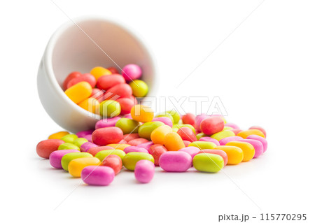 Colorful hard mint Candies in bowl Isolated On White Background 115770295