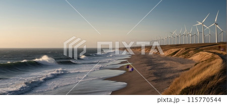 Image of a row of wind turbines along the ocean...のイラスト素材 [115770544 ...