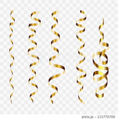Gold confetti. Serpentine spiral ribbons. Golden luxury party decor. 115770700