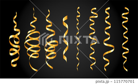 Gold confetti. Serpentine spiral ribbons. Golden luxury party decor. 115770701