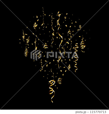 Golden serpentine ribbons frame. Confetti round banner. 115770713