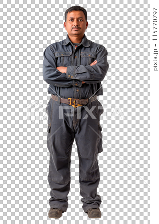 A set of portraits of an European man isolated on a white or transparent background. Portrait of a mechanic in dirty work clothes, Car repair and maintenance concept. A set of portraits of an European man isolated on a white or transparent background. Portrait of a mechanic in dirty work clothes, Car repair and maintenance concept. 115770797