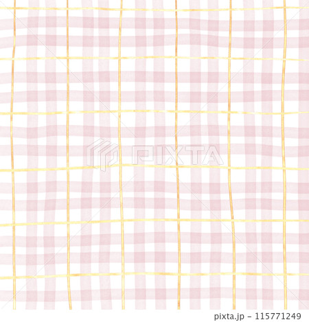 Gold Pink Plaid Gingham Check Hand Drawn Background 115771249