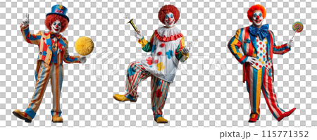 A set of clowns with various fun items. Circus clowns without background. A set of clowns with various fun items. Circus clowns without background. 115771352