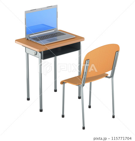 School desk with opened laptop. 3D rendering School desk with opened laptop. 3D rendering 115771704