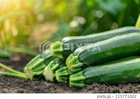 Freshly harvested zucchinis lying in a garden bed. Fresh organic produce 115771822