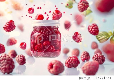 Jar filled with fresh cranberries surrounded by floating berries. Vibrant and dynamic 115771824