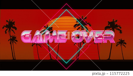 Image of game over text over a digital sunset Image of game over text over a digital sunset 115772225