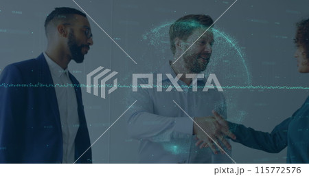 Image of financial data over diverse businesspeople shaking hands Image of financial data over diverse businesspeople shaking hands 115772576