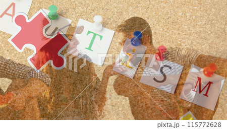 Image of colourful puzzle pieces and autism text over happy friends at summer beach party Image of colourful puzzle pieces and autism text over happy friends at summer beach party 115772628