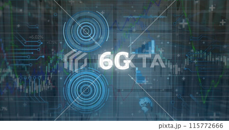 Image of 6g text, statistics and data processing over computer servers background 115772666