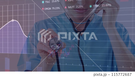 Image of data processing over caucasian female doctor Image of data processing over caucasian female doctor 115772687