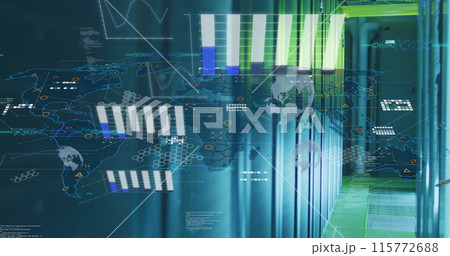 Image of statistical data processing over world map against computer server room Image of statistical data processing over world map against computer server room 115772688