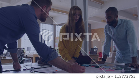 Image of data processing over diverse business people in office Image of data processing over diverse business people in office 115772753
