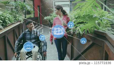 Image of connected icons, diverse disable man on wheelchair talking with woman holding coffee 115772836