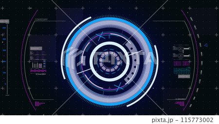 Image of scope scanning over neon round scanner and data processing against black background 115773002