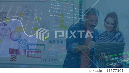 Image of financial data processing over diverse business people Image of financial data processing over diverse business people 115773014