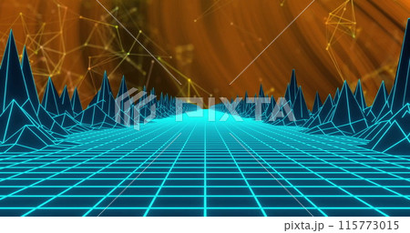 Image of 3d model of mountains on grid pattern over connected dots against abstract background Image of 3d model of mountains on grid pattern over connected dots against abstract background 115773015