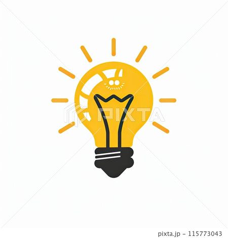 An illuminated light bulb emitting rays against a white backdrop 115773043