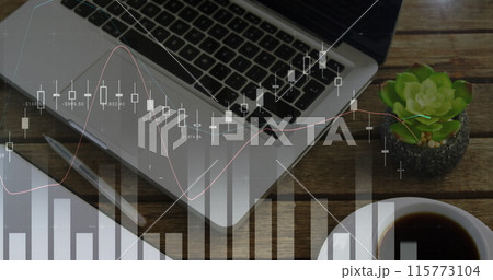 Digital image of graphs moving in the screen with a background of a work space with a cup of coffee, 115773104