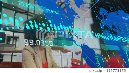 Image of graphs, changing numbers and map over diverse woman sharing ideas with coworkers 115773176