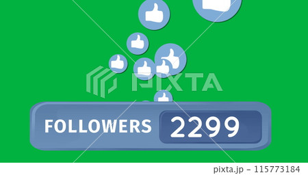 Digital image of like icons moving up the screen with increasing numbers 4k Digital image of like icons moving up the screen with increasing numbers 4k 115773184