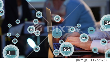 Image of 6g text and symbols in circles over cropped hands of caucasian man working on laptop 115773755