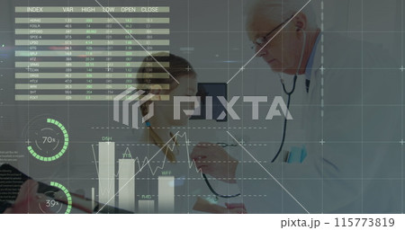Image of data processing over caucasian male doctor with patient 115773819