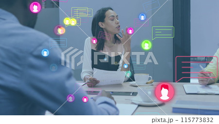 Image of profile icons and message boxes over diverse woman sharing ideas with coworkers Image of profile icons and message boxes over diverse woman sharing ideas with coworkers 115773832