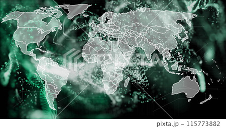 Image of network of connections with world map on black background 115773882