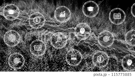 Image of network of connections with icons on black background Image of network of connections with icons on black background 115773885