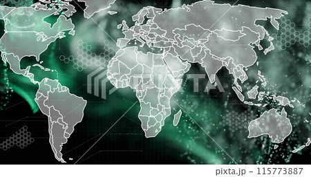 Image of network of connections with world map on black background Image of network of connections with world map on black background 115773887