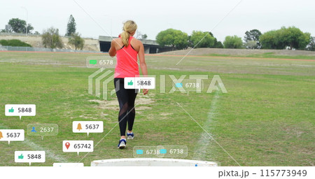 Image of social media notifications over caucasian woman at sports field Image of social media notifications over caucasian woman at sports field 115773949