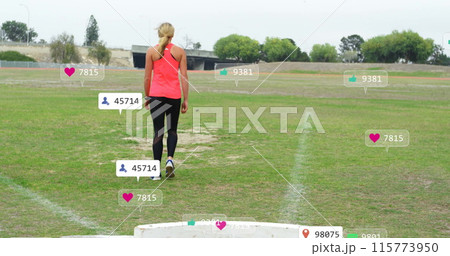 Image of social media notifications over caucasian woman at sports field 115773950
