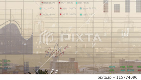 Image of financial data processing over cityscape Image of financial data processing over cityscape 115774090