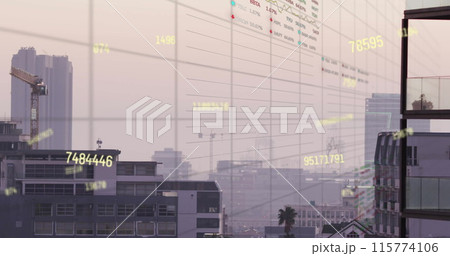 Image of financial data processing over cityscape Image of financial data processing over cityscape 115774106
