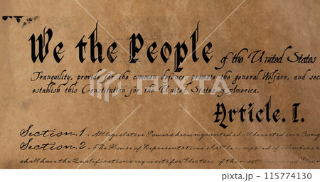 Digital image of a written constitution of the United States zooming in and out of the screen agains 115774130