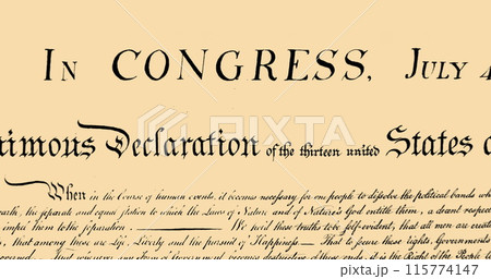 Digital image of a written constitution of the United States moving in the screen against a beige ba 115774147