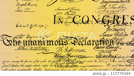 Digital image of written constitution of the United States moving in the screen against yellow and b 115774164