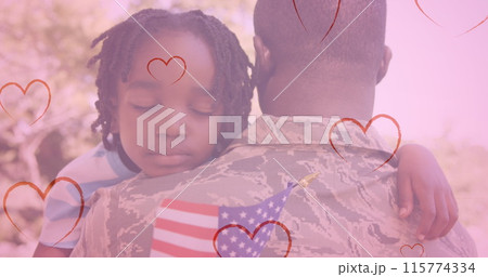 Image of hearts falling over african american male soldier and his son 115774334