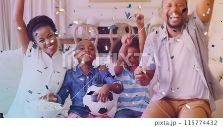 Image of falling confetti over happy african american family 115774432