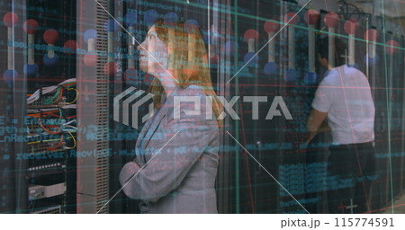 Dna structure spinning and data processing against caucasian female engineer working at server room 115774591