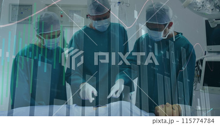 Image of statistical data processing over team of surgeons performing operation at hospital Image of statistical data processing over team of surgeons performing operation at hospital 115774784