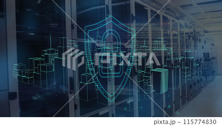 Image of data processing and glowing laptop over numbers over caucasian man standing at circuit boar 115774830